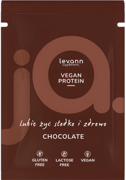 Levann Vegan Protein czekoladowy w brązowej saszetce z napisami 'GLUTEN FREE' i 'VEGAN', widok z przodu.