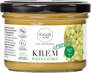 Krem pistacjowy crunchy Foods by Ann w słoiku, 49% pistacji, bez cukru, wegański, widok z przodu.
