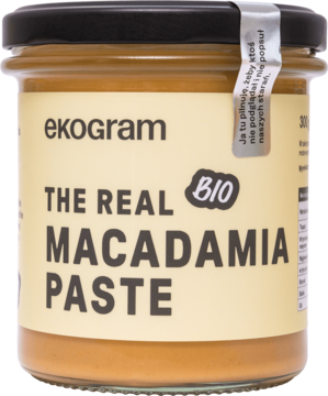 Słoik Ekogram The Real Macadamia Paste BIO, naturalna, kremowa, bez cukru, widok z przodu.