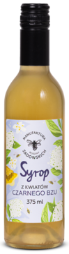 Butelka Syropu z kwiatów czarnego bzu Manufaktury Sadowskich, 375ml. Żółty płyn, etykieta z białymi kwiatami.