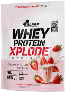 Olimp Whey Protein Xplode Powder Strawberry Dream, 350g białkowo-truskawkowa saszetka, kremowa formuła, widok z przodu.