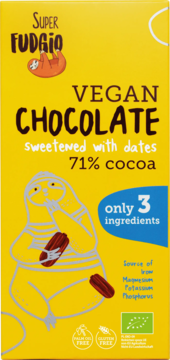 Żółta wegańska czekolada Super Fudgio 71% kakao, słodzona daktylami, z rysunkiem leniwca i napisem 'only 3 ingredients'.