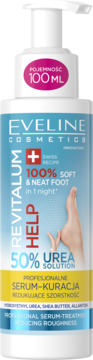 Biała butelka Eveline Revitalum Help serum do stóp 100ml, 50% Urea Solution, regenerujące szorstkość, widok z przodu.