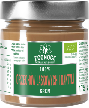 Organiczny krem Econoce z orzechów laskowych i daktyli w szklanym słoiku z zieloną etykietą, 175g, widok z przodu.
