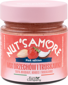 NUT'SAMORE Pink edition krem z migdałów, kokosa i truskawek w szklanym słoiku z różową nakrętką, widok z przodu.