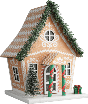 Brązowy domek piernikowy z białym lukrem, zieloną girlandą na dachu, małą choinką i prezentem, z przodu.
