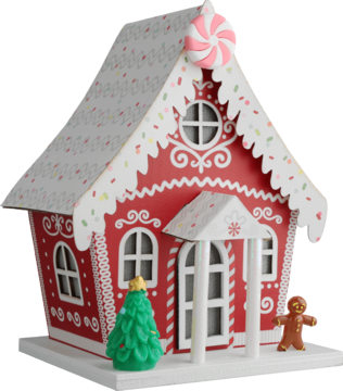 Czerwony domek z piernika z białym lukrem, świątecznym drzewkiem i figurką piernikowego ludzika, widok z przodu.