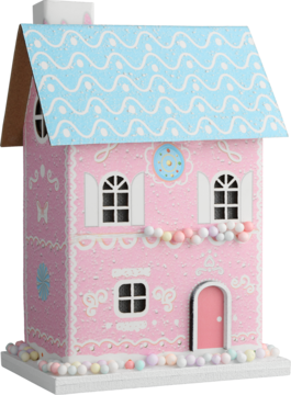 Różowy domek dekoracyjny w stylu piernikowym z niebieskim dachem, ozdobiony białym lukrem i kolorowymi cukierkami, widok z przodu.