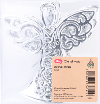 Błyszcząca, srebrna figurka anioła bożonarodzeniowego z ażurowymi skrzydłami, w folii, widok z przodu.