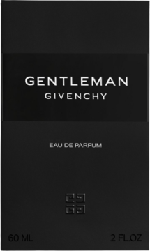 Męska woda perfumowana Givenchy Gentleman, czarny kartonik z białymi napisami i wytłoczonym logo, przód.