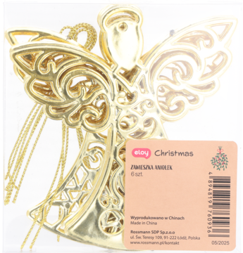 Zestaw 6 złotych zawieszek aniołów eloy na choinkę, ażurowe ozdoby świąteczne, widok z etykietą produktu.