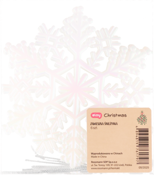 Biała, iryzująca zawieszka świąteczna – duża figurka śnieżynki, widok z przodu, z etykietą "ebony Christmas".