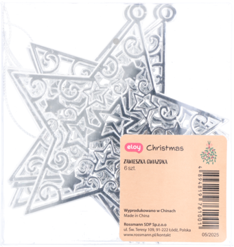 Dwie srebrne, ażurowe gwiazdy choinkowe z ornamentami i małymi gwiazdkami, w przezroczystym opakowaniu, widok z przodu.