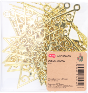 Zestaw 6 złotych, ażurowych gwiazd choinkowych z wycięciami małych gwiazd, w folii, widok z przodu.