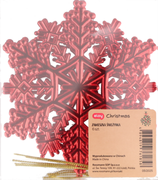 Zestaw 6 czerwonych, lśniących dekoracji świątecznych w kształcie płatków śniegu, w przezroczystym opakowaniu.