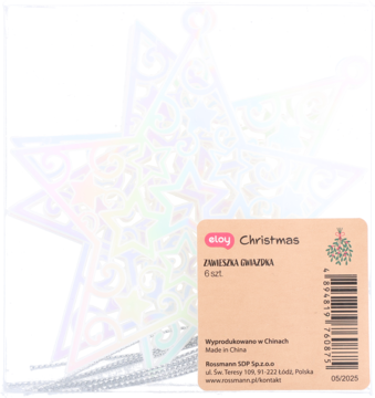 Zestaw 6 holograficznych zawieszek choinkowych w kształcie gwiazd, z ażurowym wzorem, w przezroczystym opakowaniu.