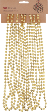 Złoty łańcuch z koralików Eloy, ozdoba choinkowa. Wiele lśniących pasm zwisa z brązowego opakowania z jemiołą.