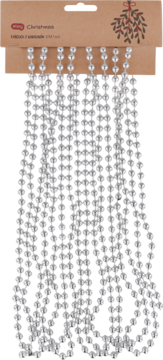 Srebrna girlanda koralikowa Eloy, 5 metrów, widoczna w opakowaniu z brązowego kartonu, do dekoracji choinki.