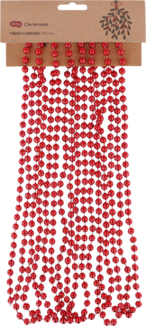 Czerwony łańcuch choinkowy Eloy z błyszczących koralików, zwisa z brązowego opakowania z jemiołą.