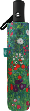 Złożona parasolka z wzorem w stylu Klimta: zielony ogród, czerwone i białe kwiaty, czarna rączka.