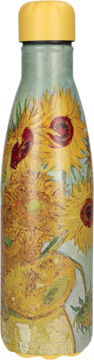 Metalowa butelka termiczna z nadrukiem słoneczników Van Gogha i żółtą nakrętką, widok z przodu.