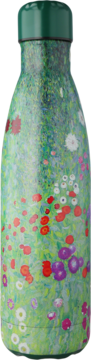 Butelka na wodę z malarskim wzorem kwiecistej łąki w czerwieni, fiolecie i bieli, z zieloną nakrętką.