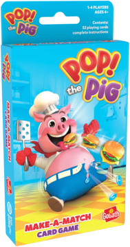 Pop! the Pig Make-a-Match Card Game dla 4+, niebieskie pudełko z radosną świnią-kucharzem i burgerami.
