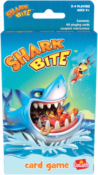 Pudełko gry karcianej Shark Bite, niebieskie, z otwartą paszczą rekina pełną ryb, dla 2-4 graczy, wiek 4+.