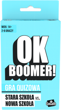 Jasnoniebieska gra karciana "OK BOOMER!" Goliath, quiz Stara Szkoła vs. Nowa Szkoła, widok z przodu.
