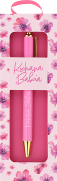 Elegancki różowy długopis w kwiecistym opakowaniu prezentowym z napisem "Kochana Babcia".
