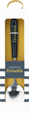 Srebrny nóż do sera z czarną rączką i złotym napisem 'Dziadek', zapakowany w pudełko 'Najlepszy Dziadek' na złoto-szarym tle.