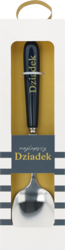 Łyżka z granatową rączką Dziadek, zapakowana w złote pudełko z napisem Najlepszy Dziadek.
