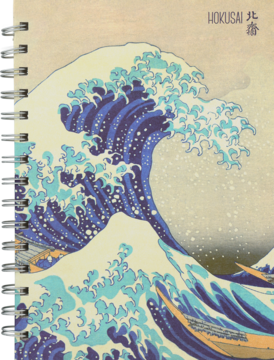 Notes spiralny z kultową grafiką Hokusai "Wielka fala w Kanagawie" w odcieniach błękitu, widok z przodu.
