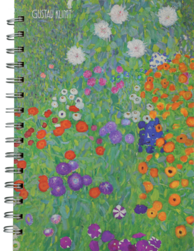 Spiralny notatnik z okładką "Ogród kwiatowy" Gustava Klimta. Bujny zielony trawnik, barwne kwiaty, napis "GUSTAV KLIMT", widok z przodu.