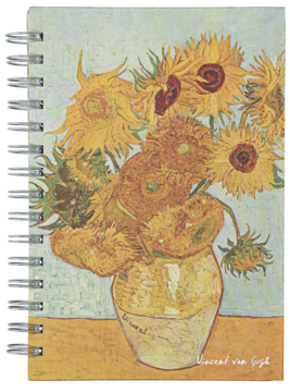 Notes spiralowany z przodu, okładka z reprodukcją obrazu 'Słoneczniki' Van Gogha w żółto-zielonych barwach.