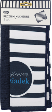 Eloy ręczniki kuchenne 2 szt. w biało-granatowe pasy, z napisem "Wylepszy dziadek", widok z przodu.