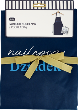 Opakowany zestaw: granatowy fartuch kuchenny i podkładka z napisem 'najlepszy Dziadek', ze złotą wstążką.