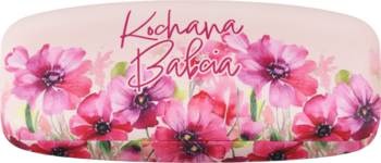 Różowa kartka z akwarelowymi makami i napisem "Kochana Babcia" w odcieniach różu i czerwieni.