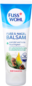 Nawilżający balsam Fusswohl do stóp i paznokci, biała tubka z grafiką szyszek i igieł sosny, Rossmann.