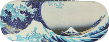 Fragment japońskiego drzeworytu 'Wielka Fala w Kanagawie' na produkcie, błękitne fale, góra Fudżi.