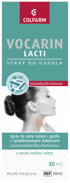Colfarm VOCARIN LACTI spray do gardła 30ml, zielono-białe opakowanie z bakteriami i smakiem maliny/mięty.