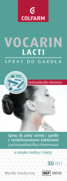 Colfarm VOCARIN LACTI spray do gardła, 30ml, turkusowe opakowanie, z Lacticaseibacillus rhamnosus, miętowo-malinowy, widok z przodu.