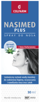 Niebieskie opakowanie Nasimed Plus Colfarm, izotoniczny spray do nosa 30 ml z aloesem i kwasem hialuronowym. Widok z przodu.