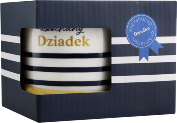Kubek Ukochany Dziadek z napisem na złoto-białym tle i paskami, w granatowym pudełku, przód.