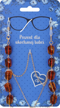 Łańcuszek do okularów dla babci z bursztynowymi, fasetowanymi koralikami i sercem, na niebieskim opakowaniu.