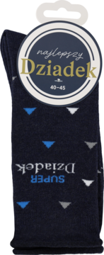 Ciemnogranatowe skarpety męskie w trójkąty, opakowanie z napisem "najlepszy Dziadek", rozmiar 40-45.