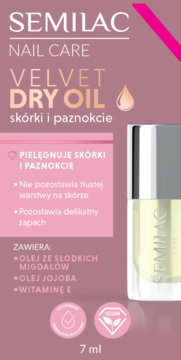 Semilac Nail Care Velvet Dry Oil 7ml w butelce, na różowo-szarym opakowaniu. Suchy olejek do skórek i paznokci.