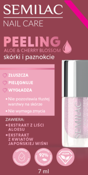 Różowy peeling Semilac Nail Care Aloe & Cherry Blossom do skórek i paznokci, butelka z połyskiem, widok frontalny.