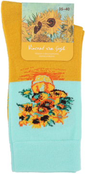 Żółto-błękitne skarpety z artystycznym motywem Van Gogha "Słoneczniki", złożone. Widok z przodu z metką, rozmiar 35-40.