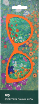 Ściereczka do okularów z zielonym tłem w kwiecisty wzór i pomarańczowymi oprawkami okularów.